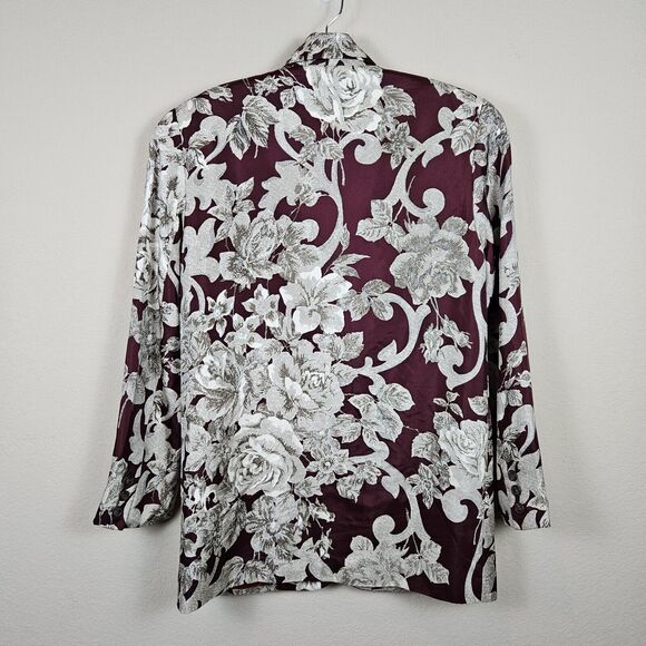 Vintage Washed Silk Blazer Women 2 Jacket Floral Elegant Formal Baroque Burgundy - Picture 3 of 14